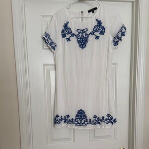 Lulu's White and Blue Embroidered Mini Dress